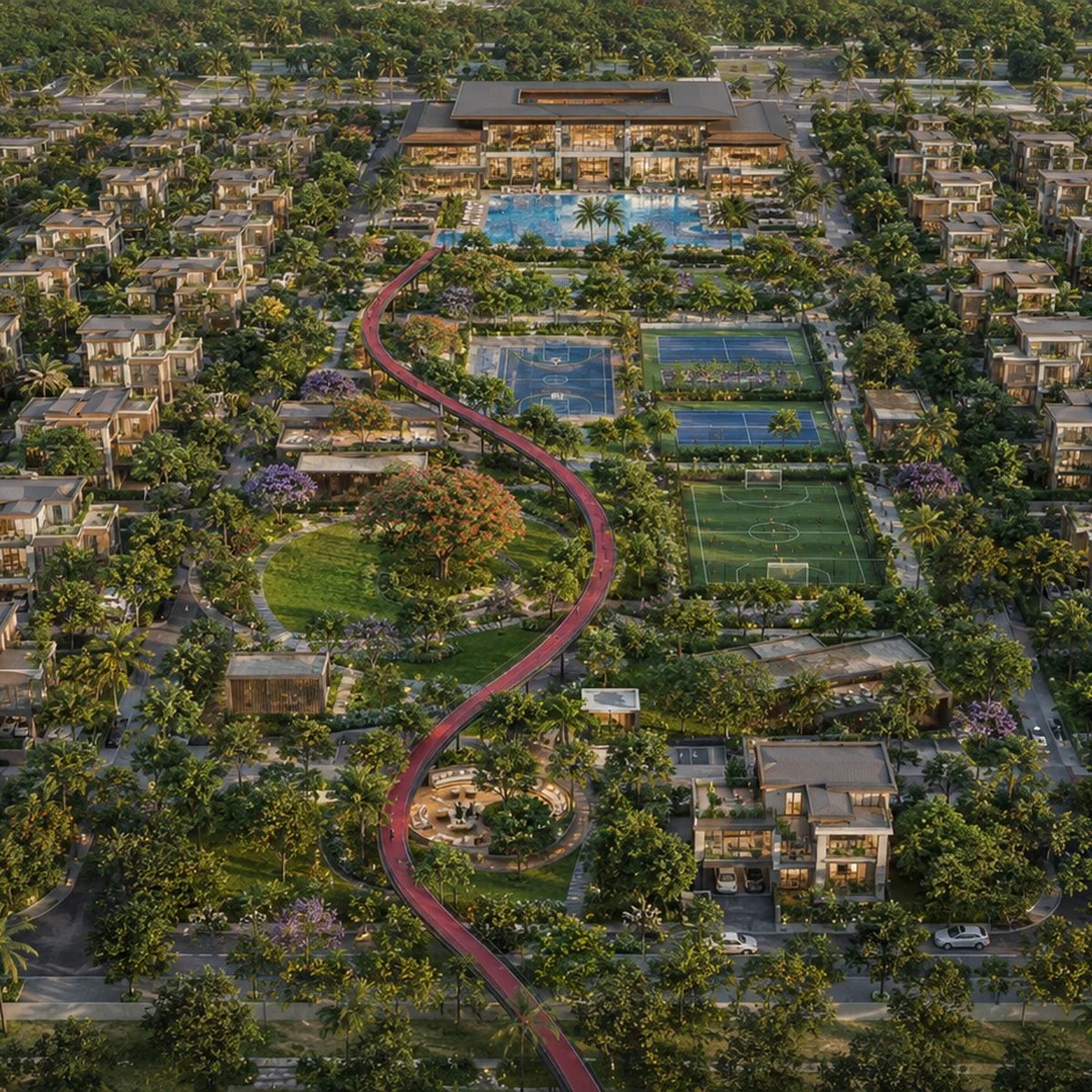 Revasa Là Valora aerial view of the 72.25-acre Hexa Grid villa community with the central green spine and The Arc walkway, Kardanur, Hyderabad Revasa Là Valora aerial view of the 72.25-acre Hexa Grid villa community with the central green spine and The Arc walkway, Kardanur, Hyderabad